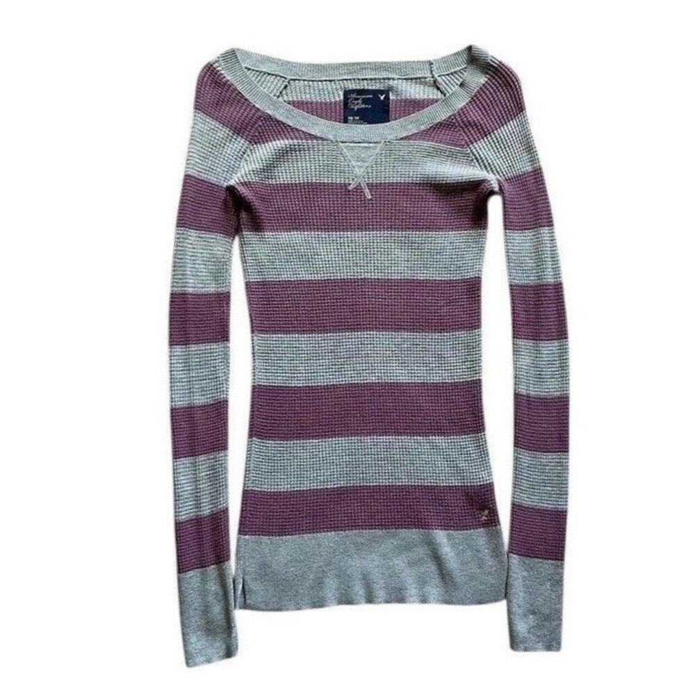 Y2K  Vintage American Eagle Striped Sweater XS Purple Gray Waffle Knit Bella